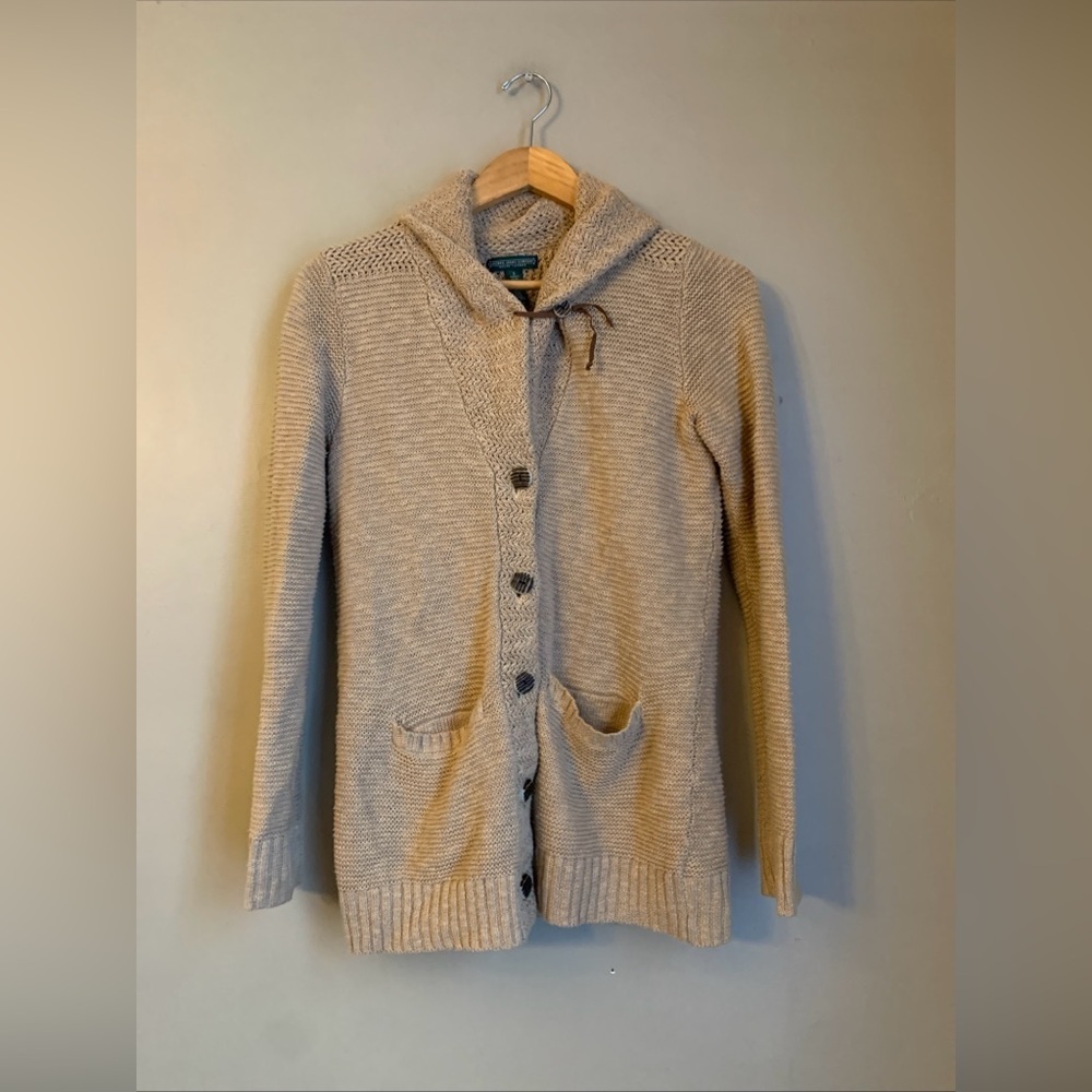 LRL Ralph Lauren Jeans Co Cardigan Sweater Shawl Collar Bone buttons Tan vintage
